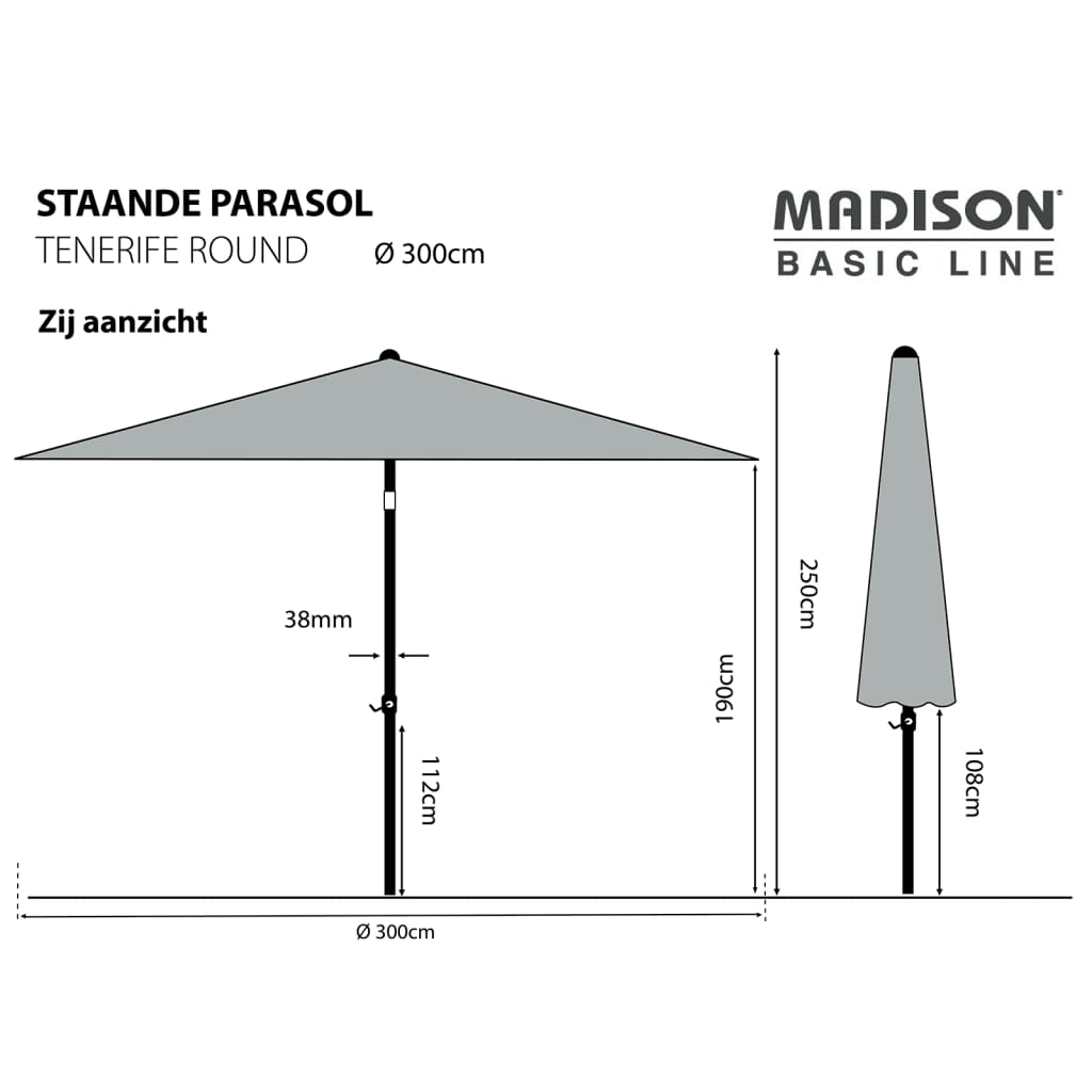 Madison Parasol Tenerife rond 300 cm grijs