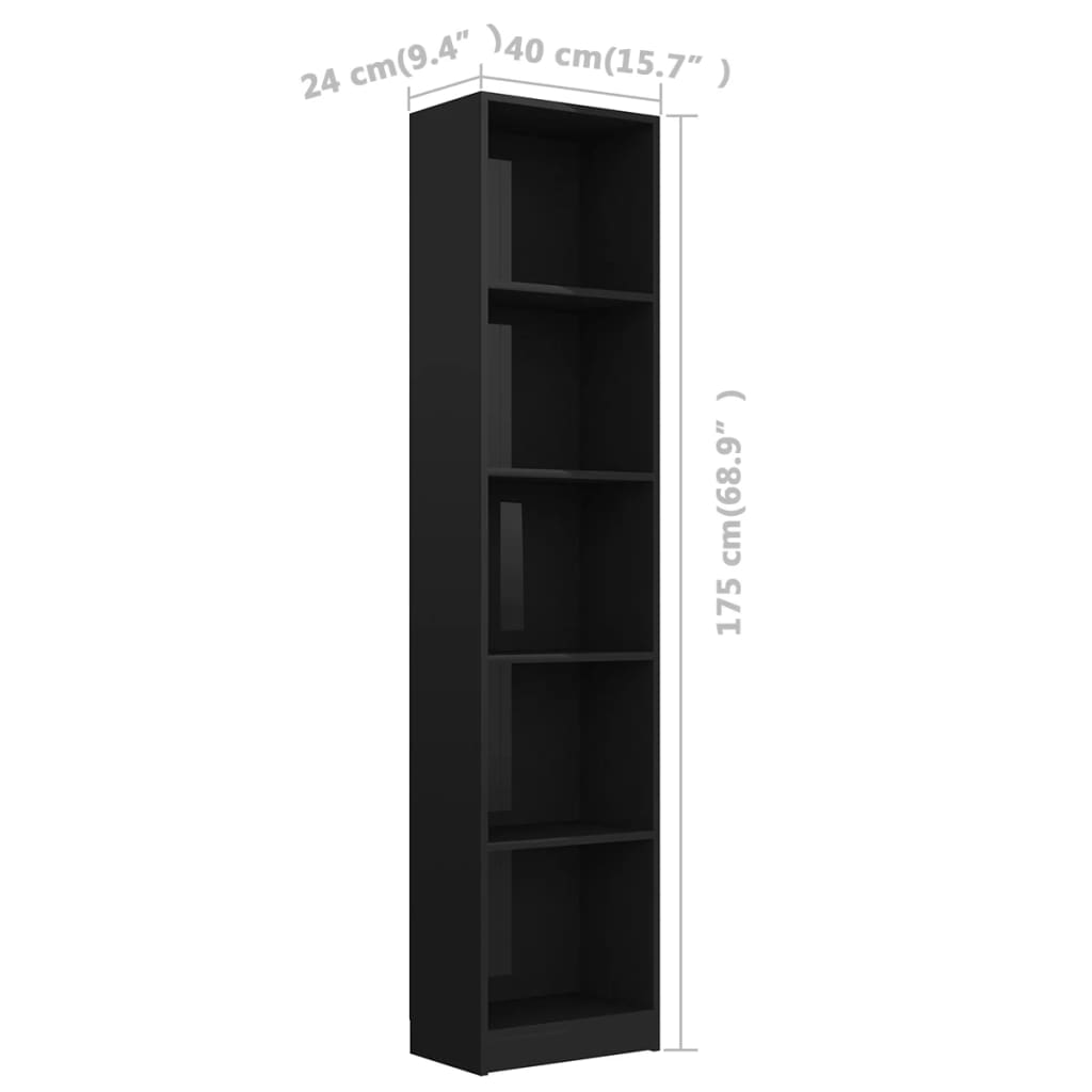vidaXL Boekenkast 5 schappen 40x24x175 cm bewerkt hout hoogglans zwart