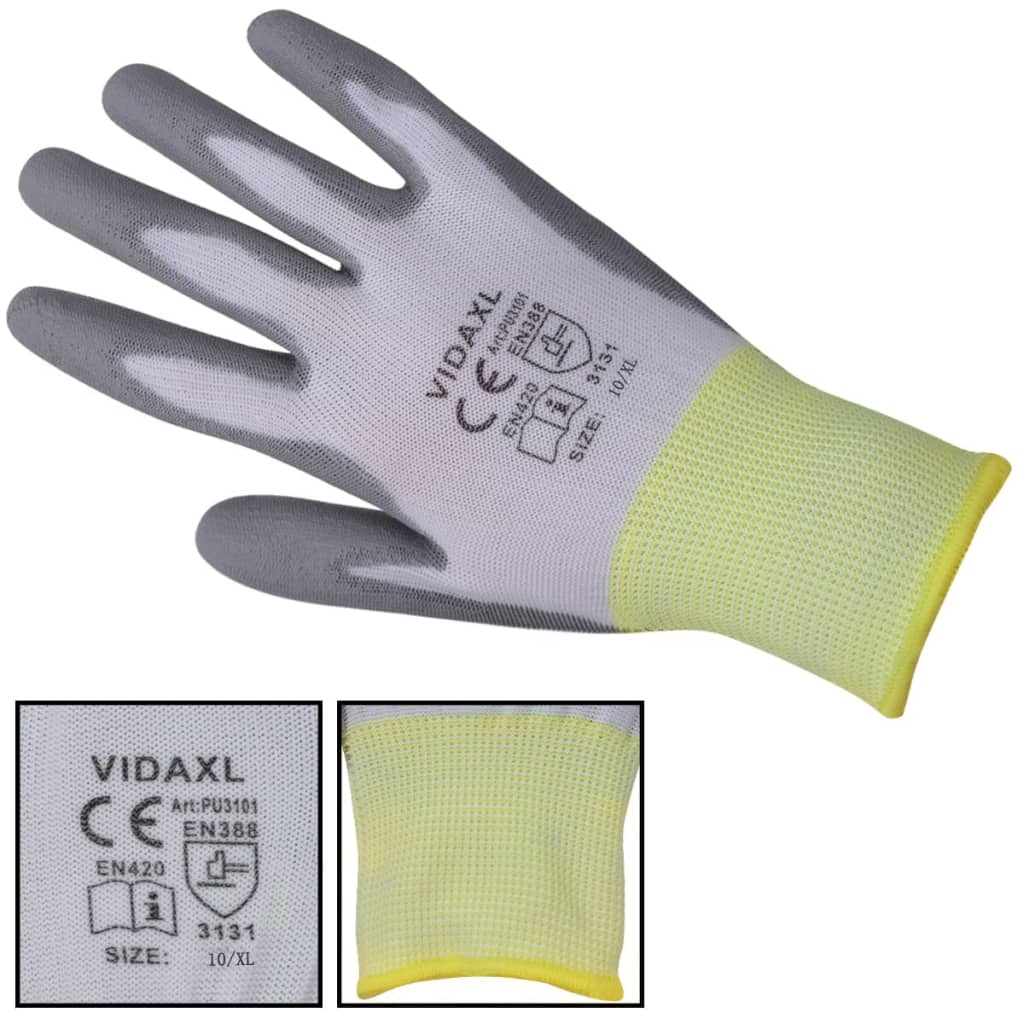 vidaXL Werkhandschoenen PU 24 paar wit en grijs maat 10/XL