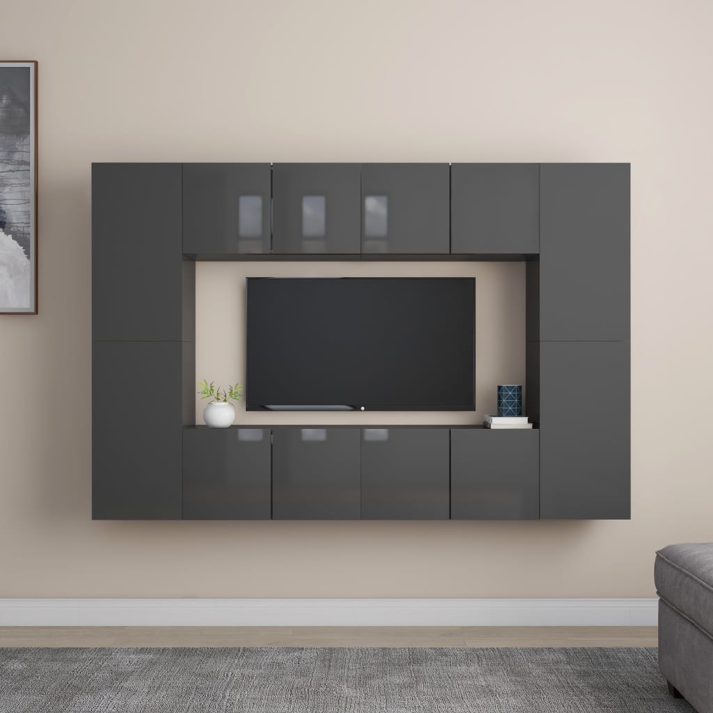 vidaXL 8-delige Tv-meubelset spaanplaat hoogglans grijs