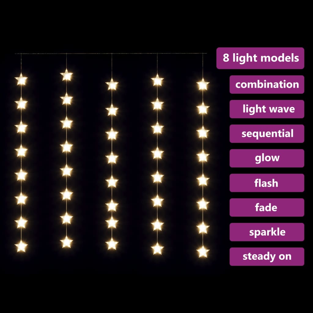 vidaXL Lichtsnoergordijn sterren met 200 LED's en 8 functies warmwit