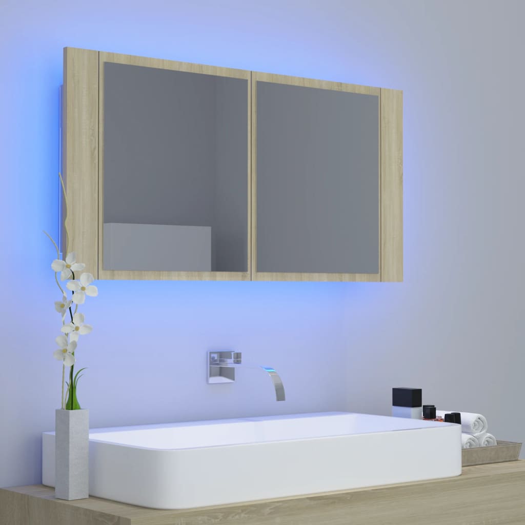 vidaXL Badkamerkast met spiegel LED 90x12x45 acryl sonoma eikenkleurig