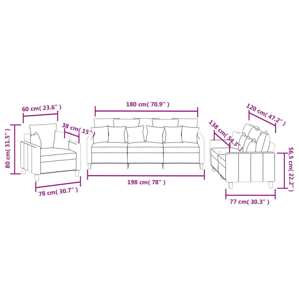 vidaXL 3-delige Loungeset met kussens stof lichtgrijs