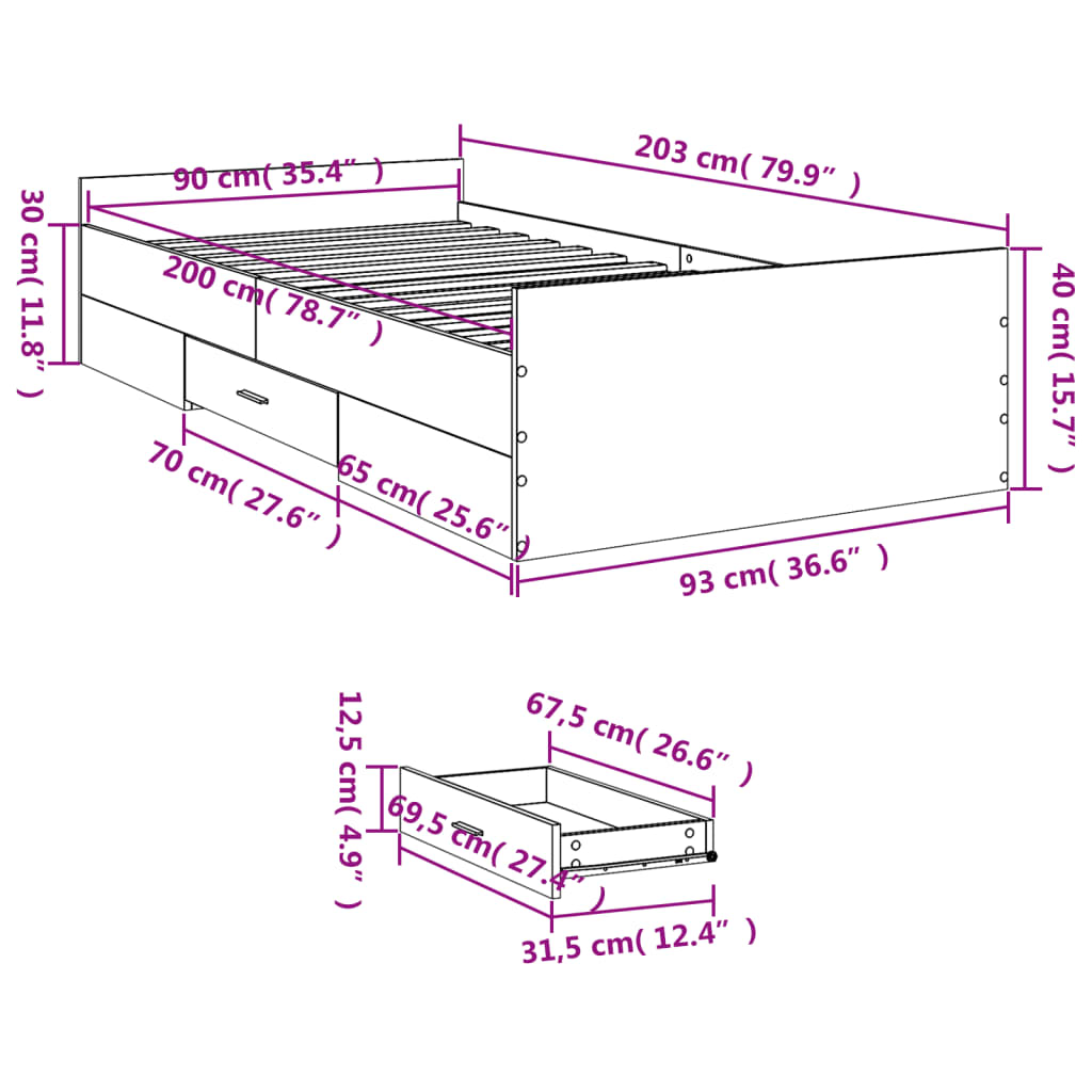 vidaXL Bedframe met lades bewerkt hout sonoma eikenkleurig 90x200 cm