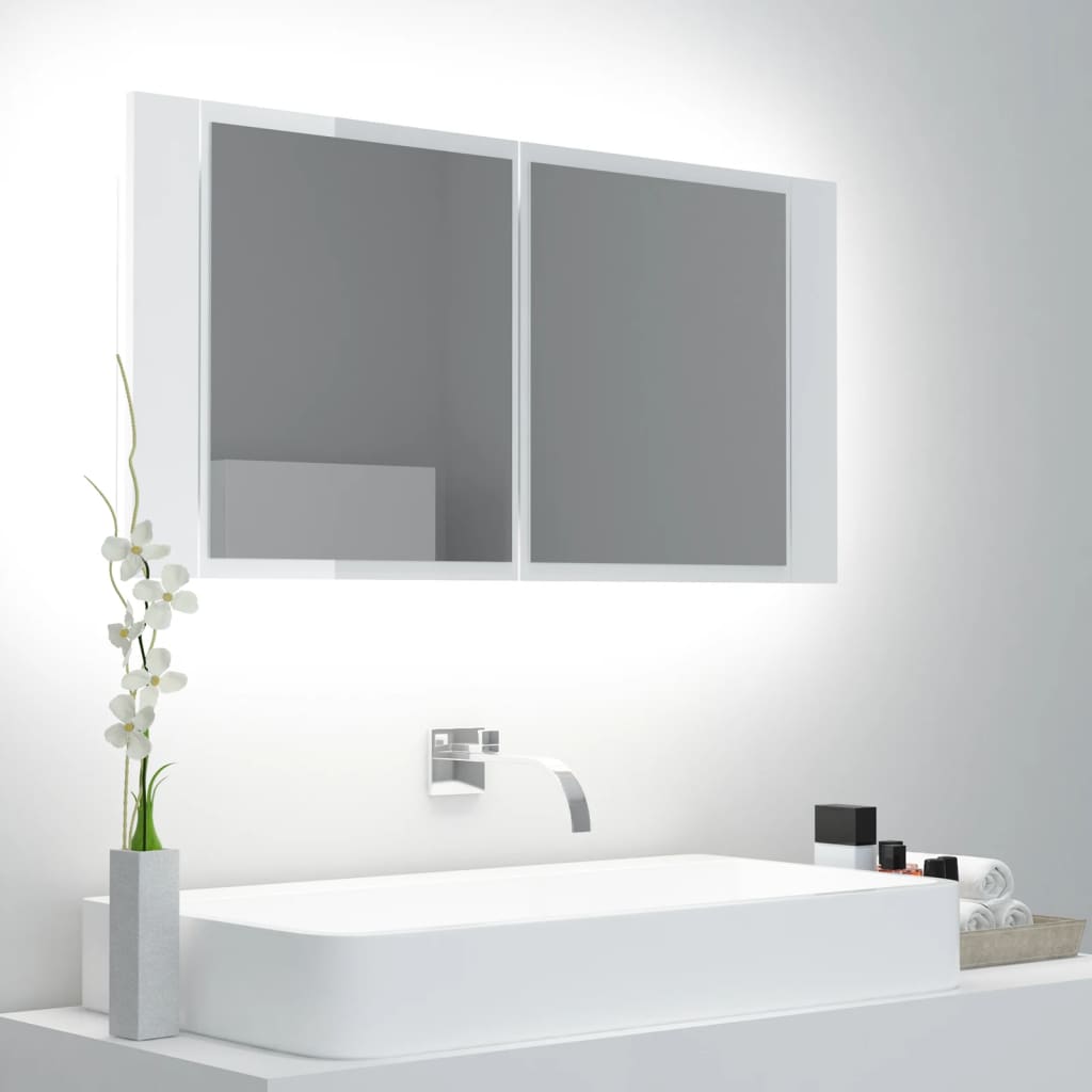 vidaXL Badkamerkast met spiegel en LED 90x12x45 cm acryl hoogglans wit