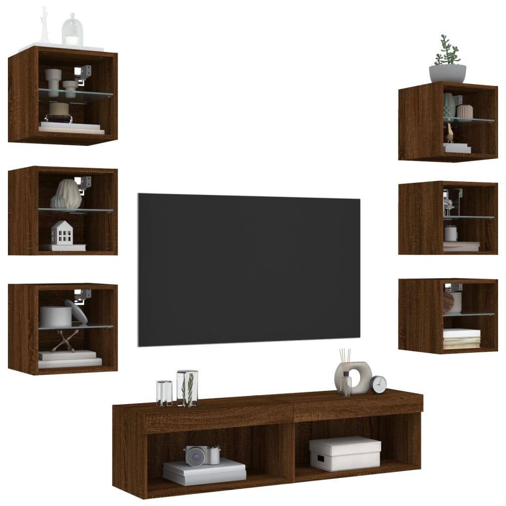 vidaXL 8-delige Tv-wandmeubelset met LED bewerkt hout bruineikenkleur