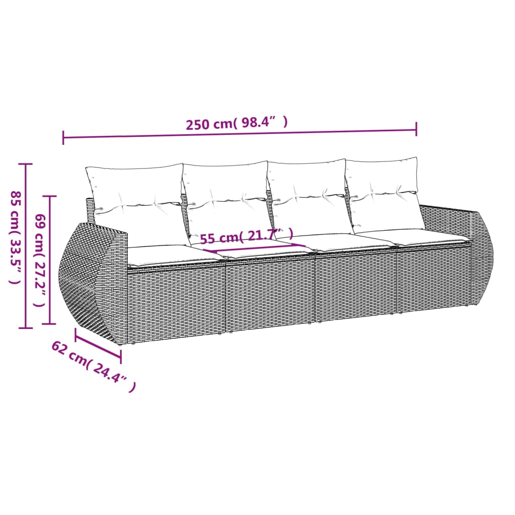vidaXL 4-delige Loungeset met kussens poly rattan grijs