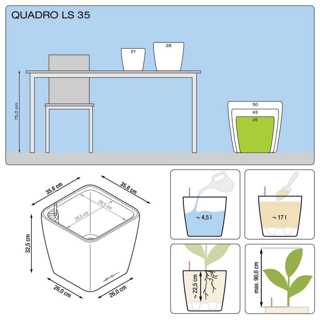 LECHUZA Plantenbak Quadro LS 35 ALL-IN-ONE houtskool 16163