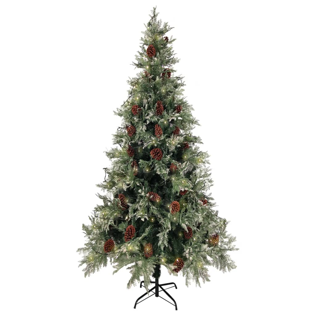 vidaXL Kerstboom met LED en dennenappels 225 cm PVC en PE groen en wit