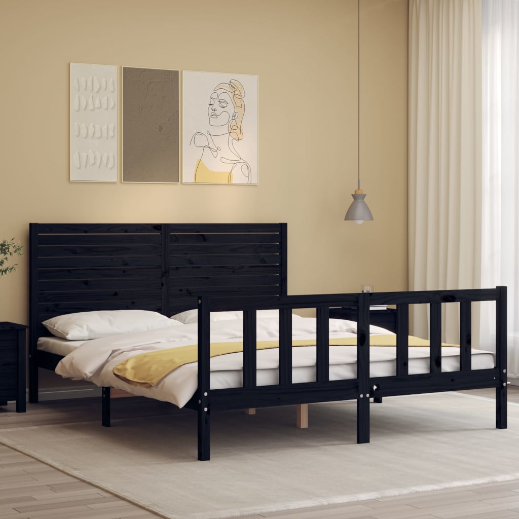 vidaXL Bedframe met hoofdbord massief hout zwart 160x200 cm