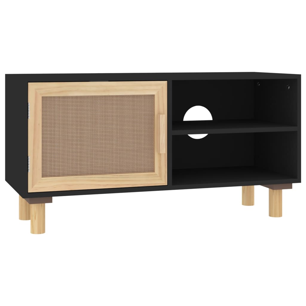 vidaXL Tv-meubel 80x30x40 cm massief grenenhout en rattan zwart