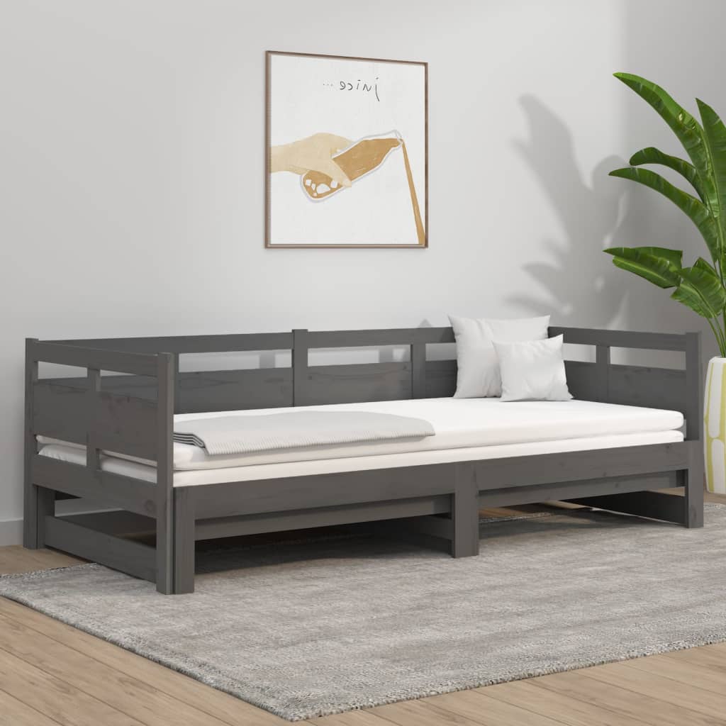 vidaXL Slaapbank uitschuifbaar massief grenenhout grijs 2x(90x190) cm