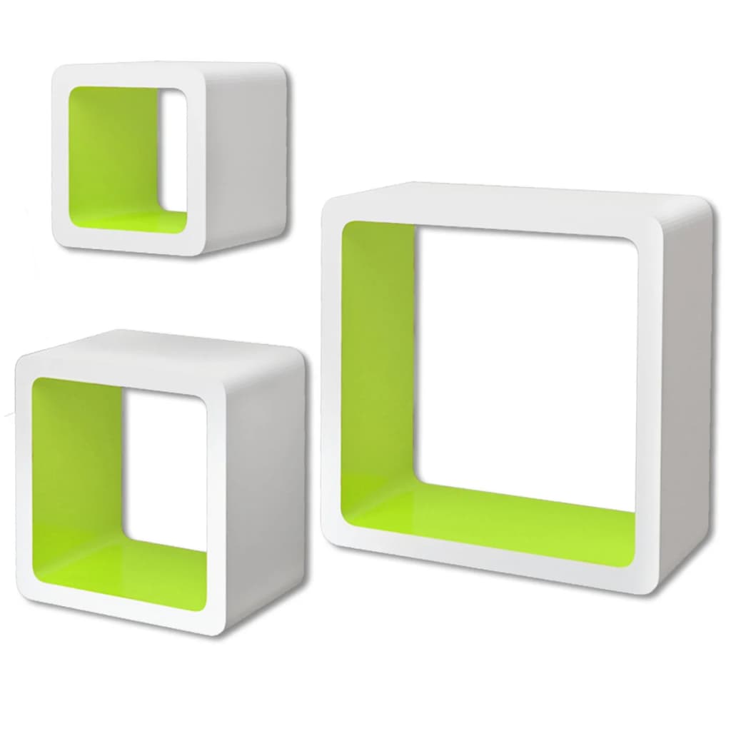 Wandplanken kubus MDF zwevend voor boeken/dvd 3 st wit-groen