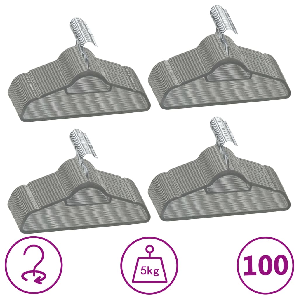 vidaXL 100-delige Kledinghangerset anti-slip fluweel grijs
